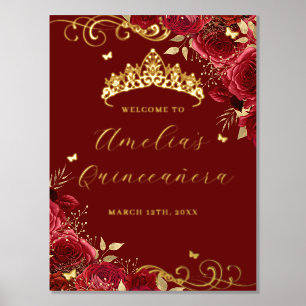 Rode Bloemen Werveling Folie Quinceanera Welkom Te Afdrukken