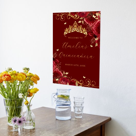 Rode Bloemen Werveling Folie Quinceanera Welkom Te Folie Afdrukken (Laag (Keuken))