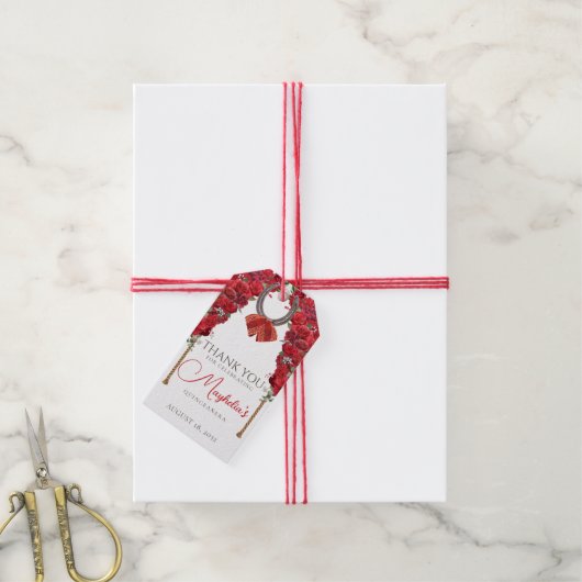 Rode Bloemen Western Charro Quinceañera Dank u Cadeaulabel (Met Touw)