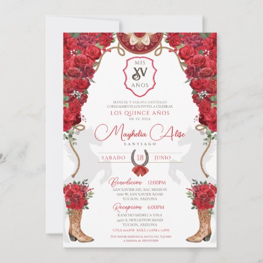 Rode Bloemen Western Charro Quinceañera Kaart (Voorkant)