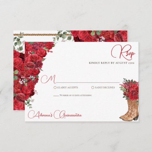 Rode Bloemen Western Charro Quinceañera RSVP Kaartje (Voorkant / Achterkant)