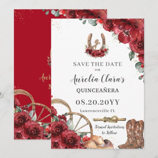 Rode Bloemen Wild West Paard Charro Quinceañera Save The Date (Voorkant / Achterkant)