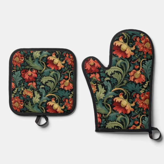 Rode Bloemen William Morris Ovenwant & Pannenlap Set (Voorkant)