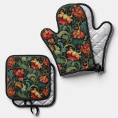 Rode Bloemen William Morris Ovenwant & Pannenlap Set (Voorkant / Achterkant)