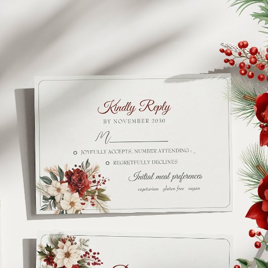 Rode Bloemen Winter Wedding RSVP Card Kaartje