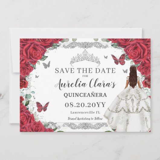 Rode Bloemen Witte Gown Quinceanera Sweet Sixteen Save The Date (Voorkant)