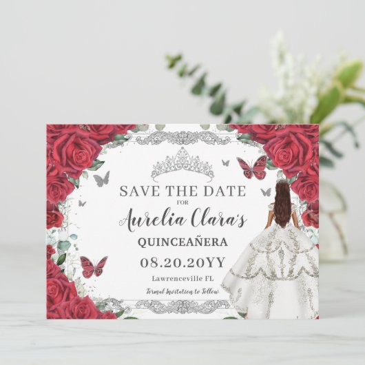 Rode Bloemen Witte Gown Quinceanera Sweet Sixteen Save The Date (Staand voorkant)