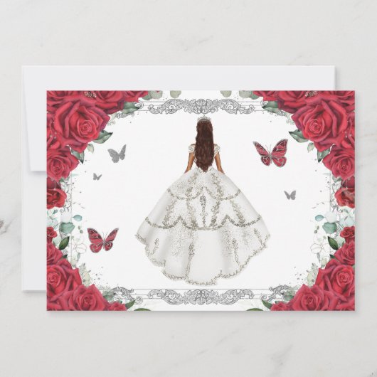 Rode Bloemen Witte Gown Quinceanera Sweet Sixteen Save The Date (Achterkant)