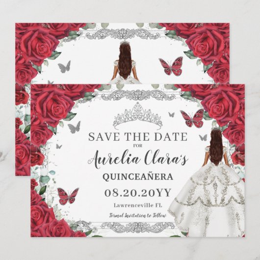 Rode Bloemen Witte Gown Quinceanera Sweet Sixteen Save The Date (Voorkant / Achterkant)