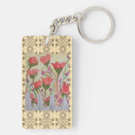 Rode bloemen Witte hek 2 Sleutelhanger (achterkant)
