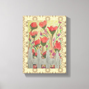 Rode bloemen witte hek canvas afdruk