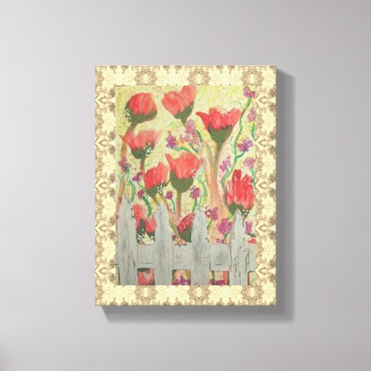 Rode bloemen witte hek canvas afdruk (Voorkant)