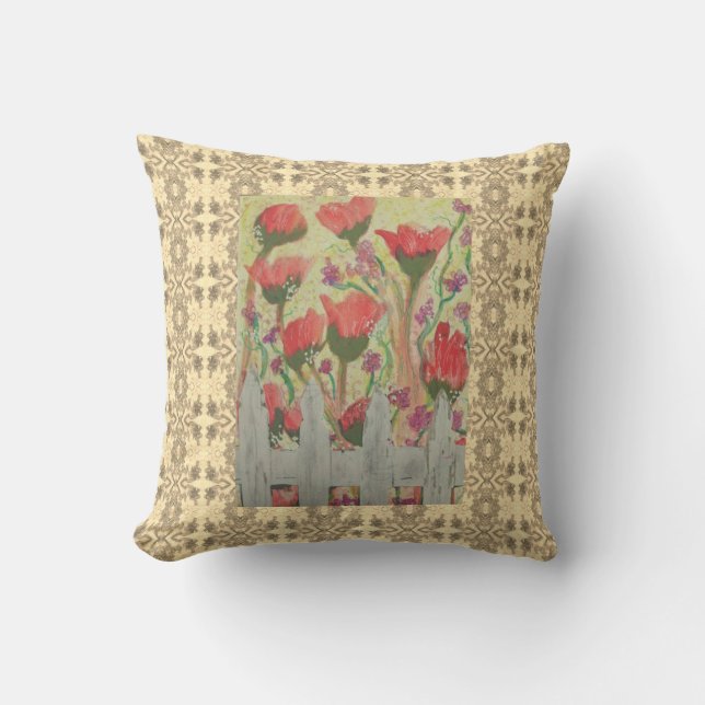 Rode bloemen witte hek kussen (Voorkant)