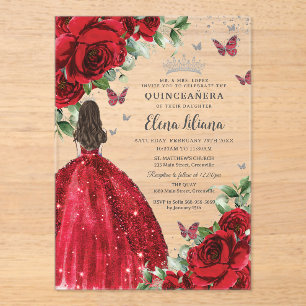 Rode Bloemen Zilveren Vlinders Quinceañera Sweet 1 Acryl Uitnodigingen
