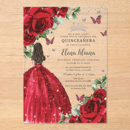 Rode Bloemen Zilveren Vlinders Quinceañera Sweet 1 Acryl Uitnodigingen (Voorkant)