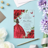 Rode Bloemen Zilveren Vlinders Quinceañera Sweet 1 Acryl Uitnodigingen (Insitu (Huwelijk))