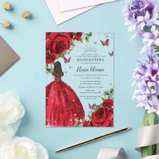Rode Bloemen Zilveren Vlinders Quinceañera Sweet 1 Acryl Uitnodigingen (Insitu (Huwelijk))