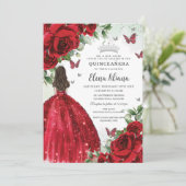 Rode Bloemen Zilveren Vlinders Quinceañera Sweet 1 Kaart (Staand voorkant)