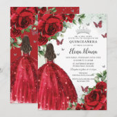 Rode Bloemen Zilveren Vlinders Quinceañera Sweet 1 Kaart (Voorkant / Achterkant)