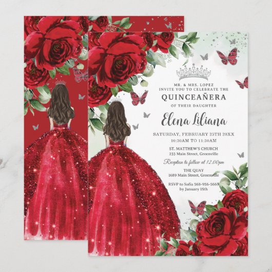 Rode Bloemen Zilveren Vlinders Quinceañera Sweet 1 Kaart (Voorkant / Achterkant)