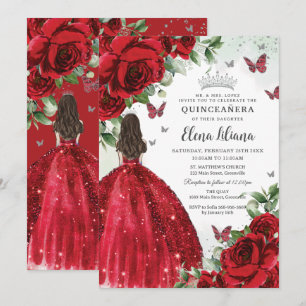 Rode Bloemen Zilveren Vlinders Quinceañera Sweet 1 Kaart