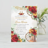 Rode Bloemen Zonnebloemen Boots Hoefijzer Quinceañ Kaart (Staand voorkant)