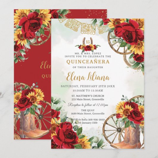 Rode Bloemen Zonnebloemen Boots Hoefijzer Quinceañ Kaart (Voorkant / Achterkant)
