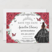 Rode Bloemen Zwarte Gown Quinceanera Sweet Sixteen Save The Date (Voorkant)