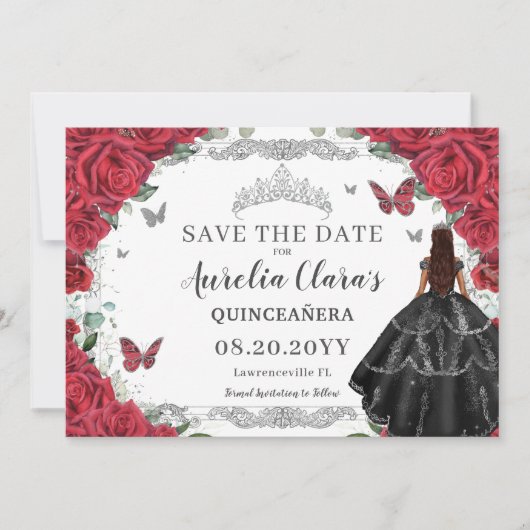 Rode Bloemen Zwarte Gown Quinceanera Sweet Sixteen Save The Date (Voorkant)