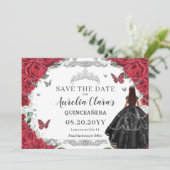 Rode Bloemen Zwarte Gown Quinceanera Sweet Sixteen Save The Date (Staand voorkant)