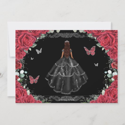 Rode Bloemen Zwarte Gown Quinceanera Sweet Sixteen Save The Date (Achterkant)