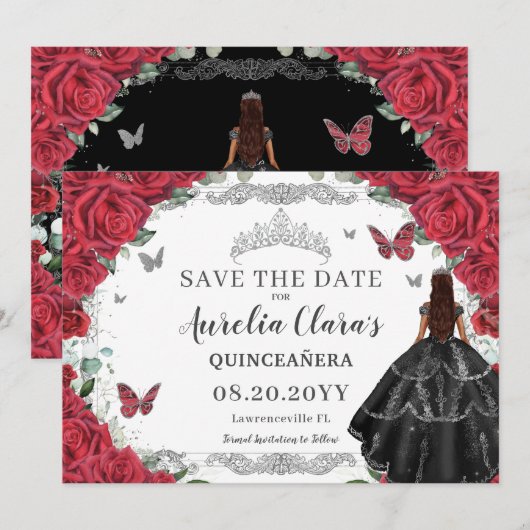 Rode Bloemen Zwarte Gown Quinceanera Sweet Sixteen Save The Date (Voorkant / Achterkant)