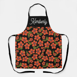 Rode bloemenaangepaste naam schort