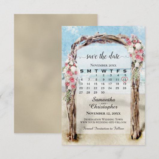 Rode Bloemendriftwood Strandprieel Kalendertrouwda Save The Date (Voorkant / Achterkant)