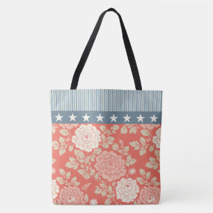 Rode bloemendruk met blauwe strepen en sterren tote bag