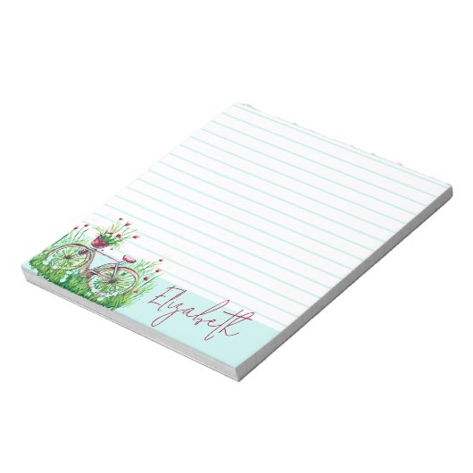 Rode bloemenfiets gepersonaliseerd notitieblok (Linkerzijde)