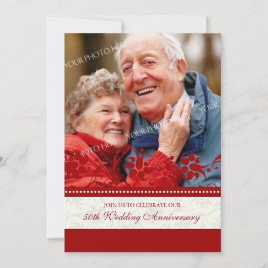 Rode bloemenfoto 50ste verjaardagsuitnodiging kaart (Voorkant)
