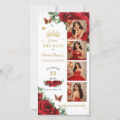 Rode bloemengoud foto booth Quinceanera QR-code Save The Date (Voorkant)