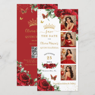 Rode bloemengoud foto booth Quinceanera QR-code Save The Date