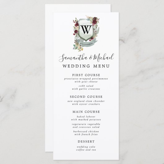 Rode Bloemenkam met Monogram Initiaal Wedding Menu (Voorkant / Achterkant)