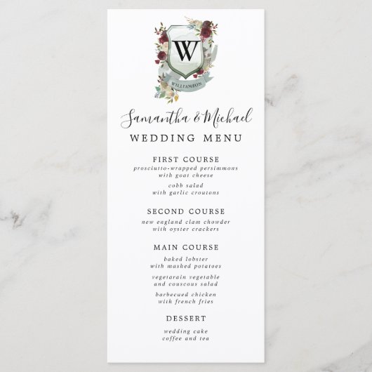 Rode Bloemenkam met Monogram Initiaal Wedding Menu (Voorkant)