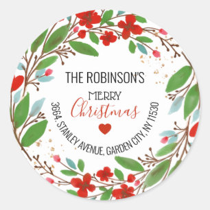 Rode bloemenkran kerst retouradres sticker
