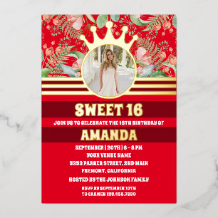 Rode bloemenkroon Gouden kroonprinses Sweet 16 Fot Folie Uitnodiging