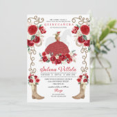 Rode Bloemenlaarzen Rozen Western Quinceañera Kaart (Staand voorkant)