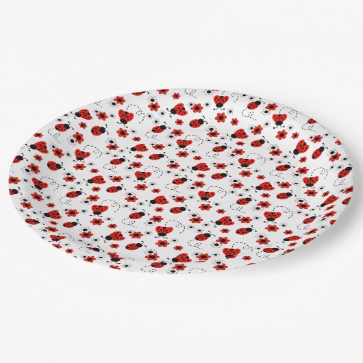 Rode bloemenlieveheersbeestjes papieren bordje (Gekanteld)