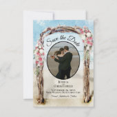 Rode bloemenschildering strandprieel & fototrouwda save the date (Voorkant)