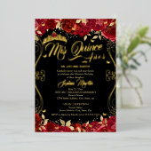 Rode Bloementuin Scroll Mis Quince Quinceanera Folie Uitnodiging (Staand Voorkant)