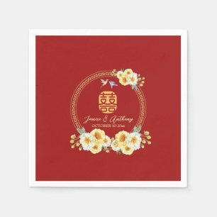 Rode bloemenvogel Chinese bruiloft Servet
