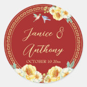 Rode bloemenvogels Chinese bruiloft Ronde Sticker (Voorkant)