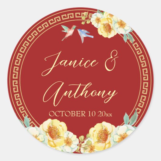 Rode bloemenvogels Chinese bruiloft Ronde Sticker (Voorkant)